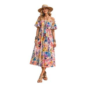 H & M Floral Off-Shoulder Viscose Midi Dress | Floral Beach Mumu | Women’s 8
